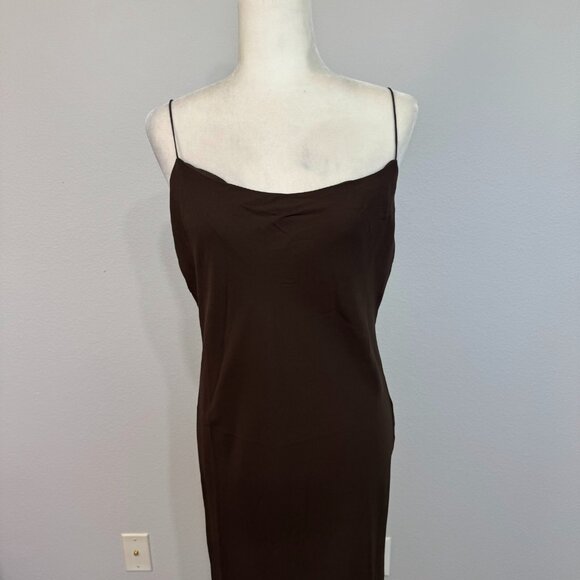 Reformation Suki Slip Midi Dress Pleated Ruffle Hem Sleeveless Brown Lined US 12 - Picture 2 of 11